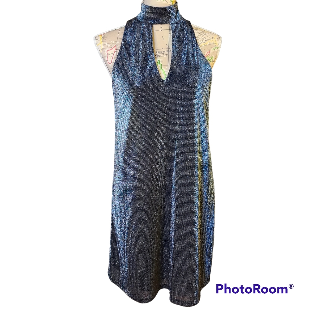 SOPRANO Size Small Blue Metallic Glam Halterneck Keyhole Sleeveless Mini Dress